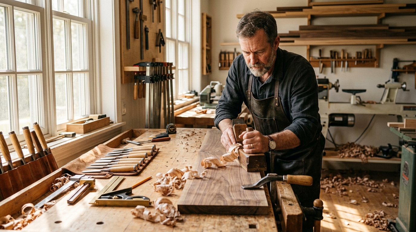 Artisanal finish carpenter using a hand plane on a rich black walnut board in a sunlit woodworking shop