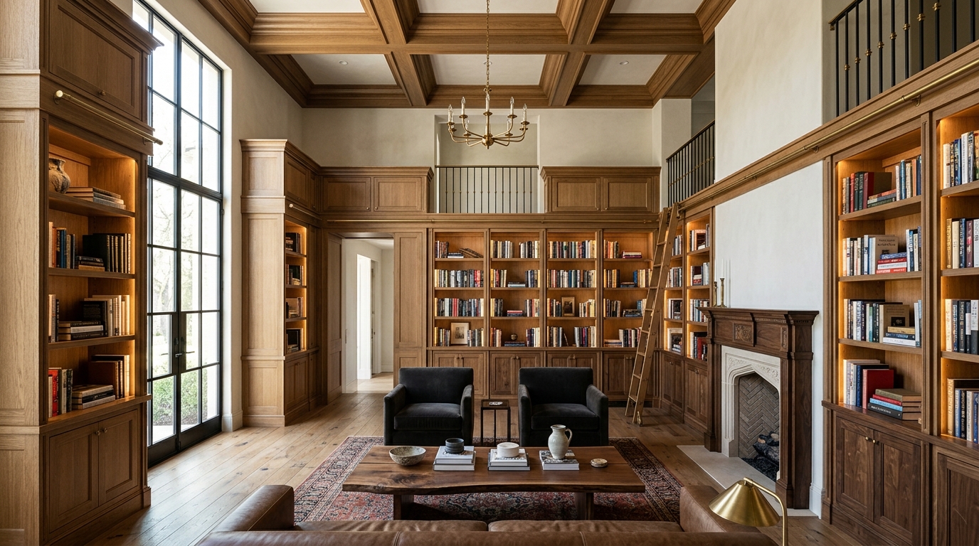 Luxury home library featuring custom walnut built-in bookcases, library ladder, coffered ceiling, and fireplace mantel in warm sunlight